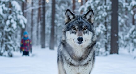 Naklejka premium Close up of a wolf with a child in the background in a snowy winter forest scene looking at the camera