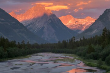 Majestic mountain peaks bathed in the warm vibrant hues of a breathtaking sunset reflected in a serene river below
