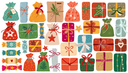 Colorful Christmas gift boxes and festive bags set