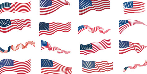 Collection of waving american flags displaying patriotism and freedom vector,American waving flag set