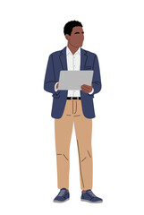 Minimalist vector of a professional man in navy blazer and khaki pants holding a laptop, flat modern design, clean lines, business attire illustration on transparent background