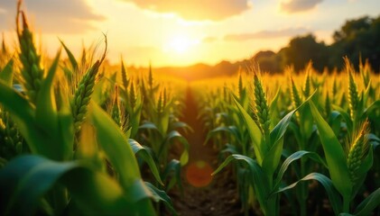 Fototapeta premium Golden hour sunlight bathes a lush field of ripening corn, ready for harvest A quintessential image of summer agriculture at its peak , summer harvest, rural life, bounty