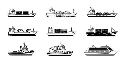 industrial ship icon set. vessels for transportation and fishing. isolated vector images in simple style
