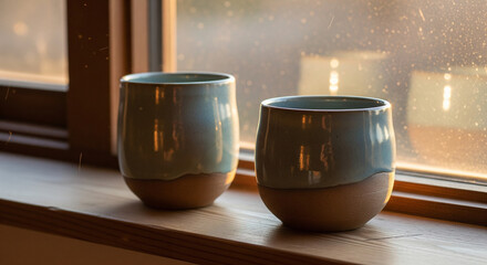 Handcrafted Ceramic Mugs on Windowsill in Golden Hour Light
A close-up, warm-toned photograph featuring two handcrafted, artisanal ceramic tumblers or mugs on a wooden windowsill