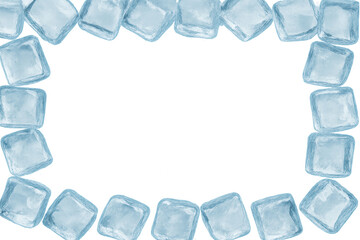 Ice cubes forming border on transparent background, symbolizing freshness, coldness, and cooling effects