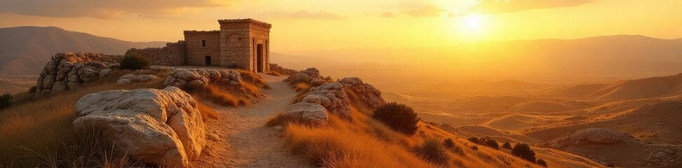 Golden hour sunlight bathes ancient stone structures in a warm, ethereal glow A peaceful scene evokes a sense of history and tranquility in the Israeli landscape , ruins, stone