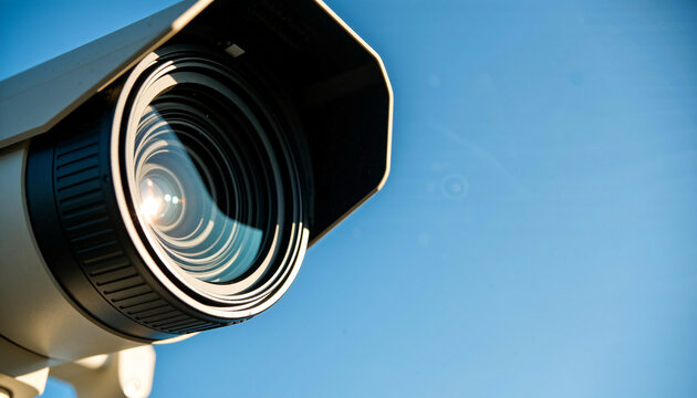 Outdoor cctv security camera against a clear blue sky