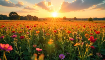 Golden hour sunlight bathes a vast, vibrant field of wildflowers in a breathtaking display of nature's beauty  Perfect for summer, agriculture, or environmental themes ,  wildflowers,  beauty,  sky
