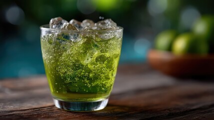 Refreshing Citrus Drink with Ice Cubes in a Glass, Nature Background with Green Bokeh and Fresh Limes, Ideal for Summer Beverage Promotions