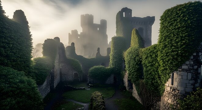 Misty ruins of an old castle covered in ivy, with towers disappearing into the fog in the distance