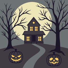 Dark house stands ominously near scary pumpkins under a massive moon with barren trees