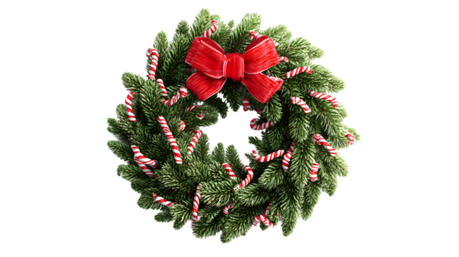 A 3D Christmas wreath made of photorealistic pine branches, decorated with tiny candy canes and a classic red bow. Flawless digital render, centered, isolated on white background. - Powered by Adobe