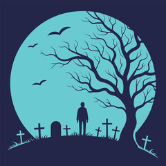 Naklejka premium Silhouette of lone man visits graves, birds fly on the spooky halloween night