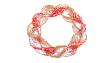 A 3D Christmas wreath made of glowing, intertwined red and gold light trails, forming a braided pattern. Dynamic and abstract, isolated on a dark background.