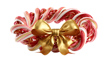 A 3D Christmas wreath made of intertwined, polished red and white candy canes, with a large, golden bow. Glossy and delicious, vibrant, isolated on white background.