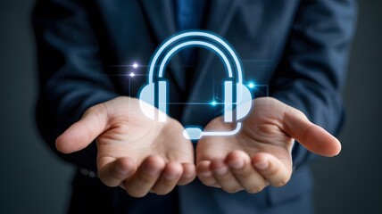 A person in a suit holds out their open hands displaying a glowing neon headset icon symbolizing customer service and communication support