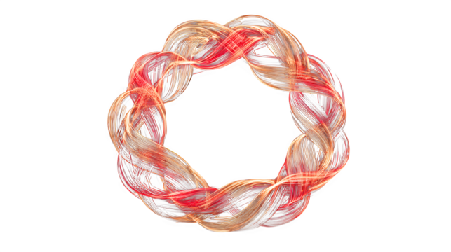 A 3D Christmas wreath made of glowing, intertwined red and gold light trails, forming a braided pattern. Dynamic and abstract, isolated on a dark background.