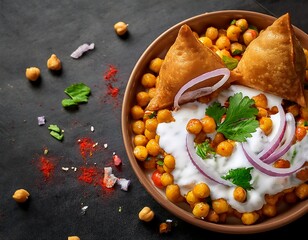 Indian street cuisine in its traditional form  Chickpeas, yogurt, and sour Samosa Chaat