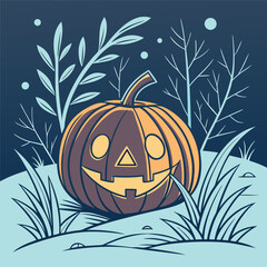 Spooky jackolantern sits among winter foliage beneath a cold night sky, depicted with simple shapes