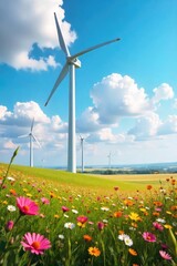 Graceful windmills stand tall against a vibrant springtime sky, wildflowers blooming in the foreground A picturesque scene of renewable energy and natural beauty , wind turbine, power