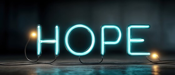 Bright Neon Sign with the Word Hope Illuminated in a Dimly Lit Space Signifying Optimism and Inspiration in a Contemporary Design Aesthetic