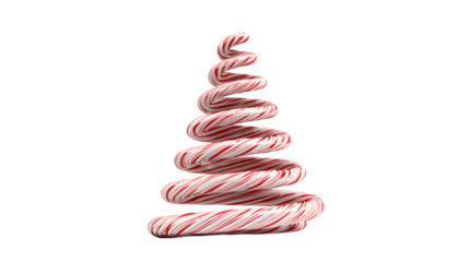 A 3D render of a Christmas tree made of stacked, red and white striped candy canes, spiraling into a conical form. Playful and abstract, isolated on white background.