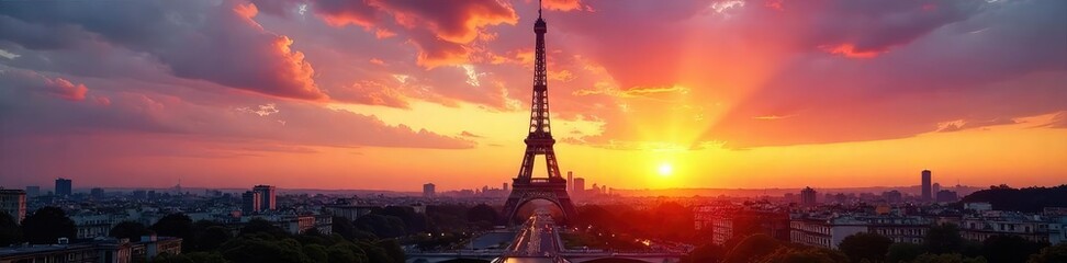 Iconic Eiffel Tower at sunset, casting a long shadow across the Parisian landscape A breathtaking view of this architectural marvel against a vibrant sky , shadow, france travel, european