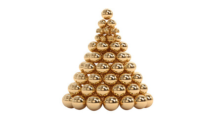 A 3D render of a Christmas tree made of stacked, polished gold spheres, creating a striking abstract form. Modern art, opulent, isolated on white background.