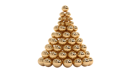 A 3D render of a Christmas tree made of stacked, polished gold spheres, creating a striking abstract form. Modern art, opulent, isolated on white background.