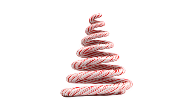 A 3D render of a Christmas tree made of stacked, red and white striped candy canes, spiraling into a conical form. Playful and abstract, isolated on white background.