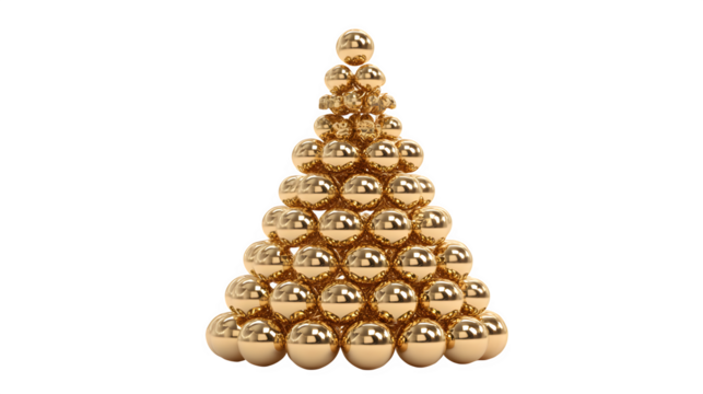 A 3D render of a Christmas tree made of stacked, polished gold spheres, creating a striking abstract form. Modern art, opulent, isolated on white background.