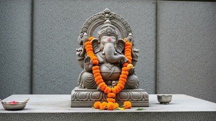 Stone statue of Ganesh adorned with marigold garlands at a shrine