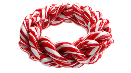 A 3D render of a Christmas wreath made of intertwined, polished candy canes. Fun and festive, glossy texture, isolated on white background.