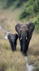 Majestic Elephant and Adorable Calf Walking Together in Lush Green Habitat Under Soft Natural Light