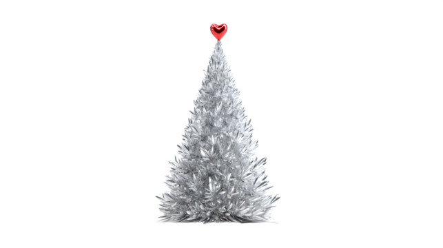 A 3D render of a Christmas tree made of polished, reflective silver, with a single, glowing red heart at its peak. Luxurious and modern, isolated on white background.