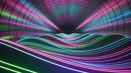 Abstract neon light tunnel with wavy futuristic landscape and glowing geometric patterns in a dark psychedelic environment