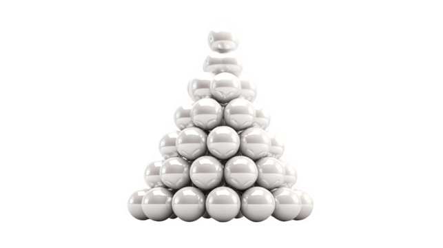 A 3D render of a Christmas tree made of stacked, polished white spheres, creating a striking abstract form. Modern art, clean, isolated on white background.