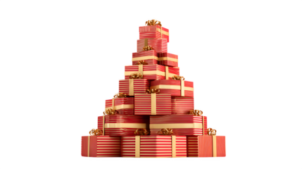 A 3D render of a Christmas tree made of stacked, red and gold striped gift boxes, creating a vibrant, abstract conical form. Playful and modern art, isolated on white background.