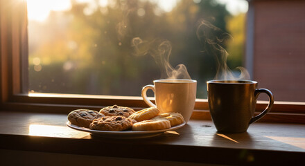 Cozy Coffee and Cookies Break in the Warm Afternoon Sun
An appealing, warm-toned photograph capturing two steaming mugs of coffee or tea next to a plate of assorted cookies on a wooden windowsill