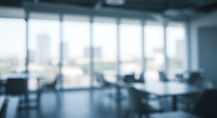 Blurred modern office interior with window light and city view, minimal workspace background for business presentation