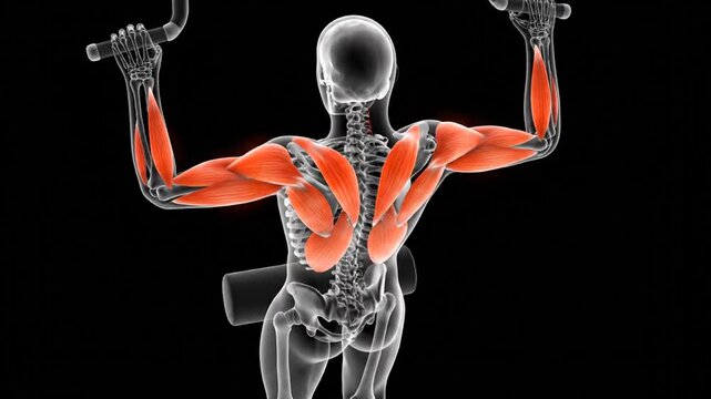 Dynamic 3D Animation Showing Muscle Activation in the Back and Arms During a Lat Pulldown Exercise