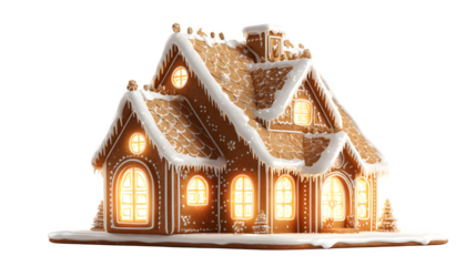 A 3D render of a perfect, flawless gingerbread house, with glowing windows and icing snow. Digital art, cinematic quality, isolated on white background.