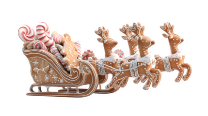 A 3D render of a sleigh made of gingerbread and candy canes, filled with Christmas cookie gifts, pulled by gingerbread reindeer. Whimsical and delicious concept, isolated on white background.