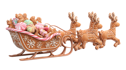 A 3D render of a sleigh made of gingerbread and candy canes, filled with Christmas cookie gifts, pulled by gingerbread reindeer. Whimsical and delicious concept, isolated on white background.