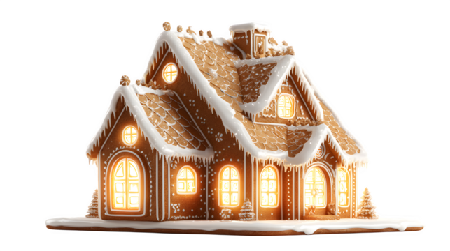 A 3D render of a perfect, flawless gingerbread house, with glowing windows and icing snow. Digital art, cinematic quality, isolated on white background. - Powered by Adobe
