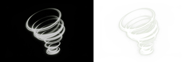 Abstract white spiral tornado illustration on contrasting black and white backgrounds, showcasing dynamic movement and energy, ideal for creative design projects and visual storytelling