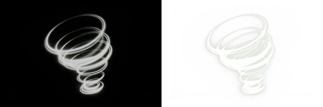 Abstract white spiral tornado illustration on contrasting black and white backgrounds, showcasing dynamic movement and energy, ideal for creative design projects and visual storytelling