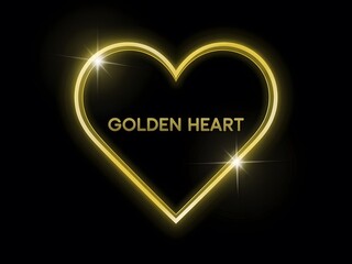 Radiant golden heart neon light emblem glowing with sparkles on a deep black background symbolizing love and luxury