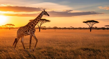 Obraz premium Giraffe walking in the african savanna at sunset with acacia trees and golden light in the background