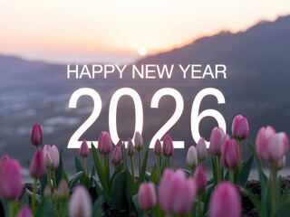 Celebrate the dawn of a new year 2026 with a beautiful landscape of pink tulips and majestic mountains at sunrise